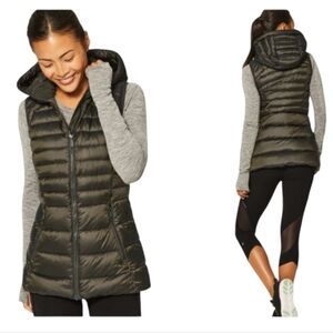 Lululemon Down For It Vest Puffer Dark Olive Green Black Removable Hood Size 10